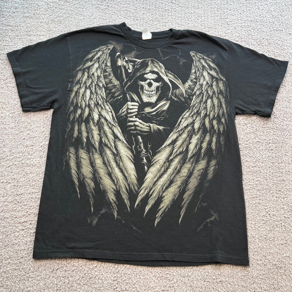 Winged Grim Reaper Scythe Graphic T-Shirt 2000s Mens XL Black